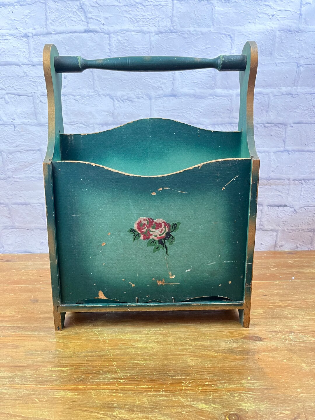 Shabby Chic Mid Century Green Magazine Holder Coffee Table Big Book