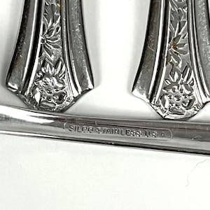 Vintage Insilco Stainless Flatware Replacement Soup Spoons Dinner Forks Salad Forks Teaspoons Inlaid Flowers Fan shaped end Sold in Sets