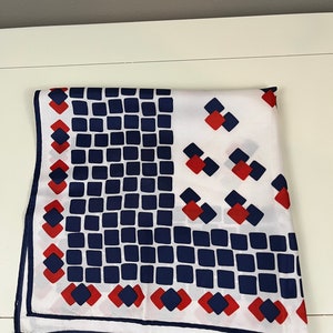 Vintage Blue Red & White Silk Blend Geometric Squares and Diamond shaped scarf Patriotic colors