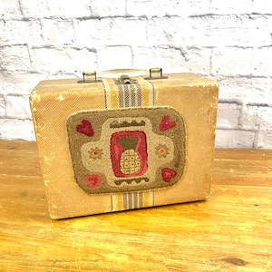 Vintage Upcycled Kids Record Player Case Latched Storage Hooked Rug Pineapple Design Unique Gift Box Stackable Suitcase Decor
