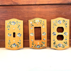 Vintage Wood light switch covers Hand painted blue floral outlet covers sold singly ,7 available