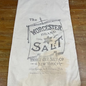 Vintage „The Worcester Brand Salt” New York Flour Bag 50 funtów worek dobry do nabiału i wędlin, fajny wystrój kuchni z odzysku lub wytrzymała poduszka