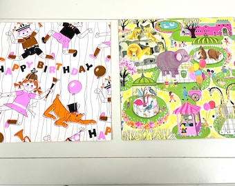 Vintage Children's wrapping paper 2 different styles zoo themed  children at party themed 2 sizes