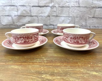 Vintage "Memory Lane" Red and White Transferware Cappuccino Cups Coffee Cups Teacups Perfect wide area to create Cappuccino Foam art!