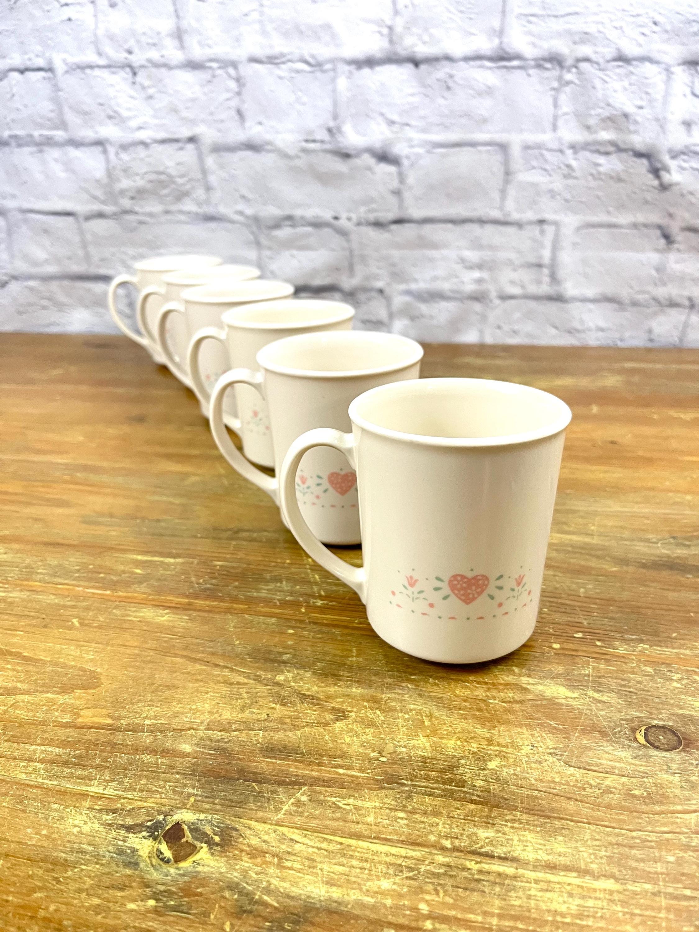 Vintage Corelle "Forever Yours" Rundgriff Tassen 4er oder 6er Sets, 90er Jahre Corning Corelle USA Herzen und Blumen rosa shabby chic Cottage Chic
