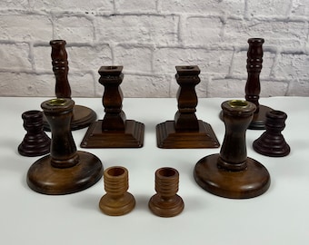 Vintage Wood Candlestick Holder Collection Events Weddings Outdoor Table Display Rustic Cabin Decor Boho decorating ideas set of 10