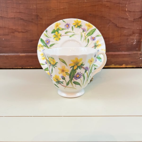 Retro Duchess Floral Teacup Yellow and purple wildflower embossed wavy design