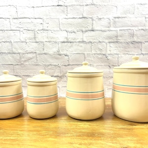 Vintage Pink Blue Striped Mc Coy Canister Set of 4 Creme White Kitchen Stoneware Canister Set