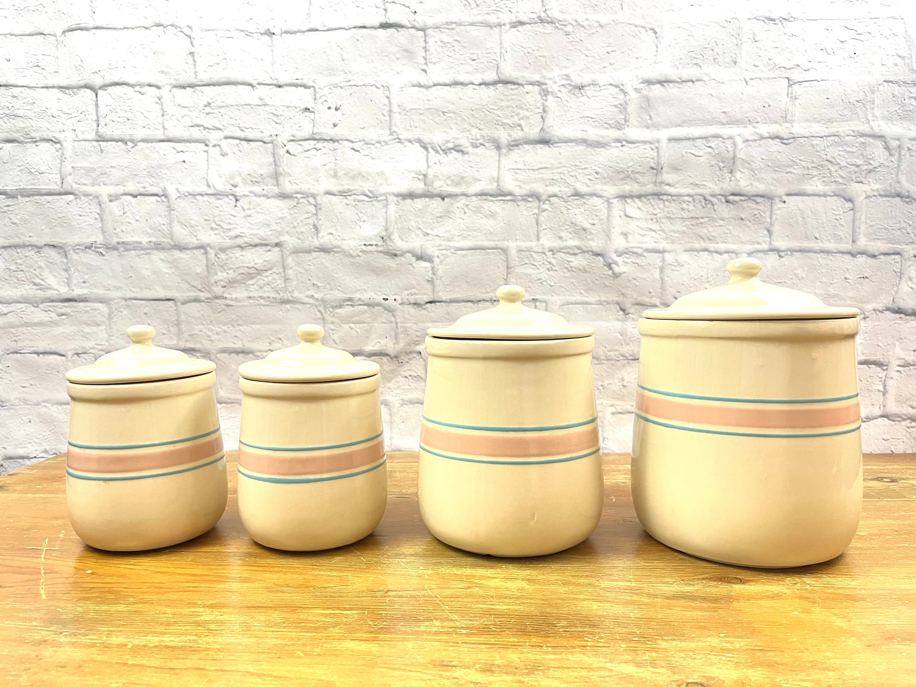 Vintage Pink Blue Striped Mc Coy Canister Set of 4 Creme White