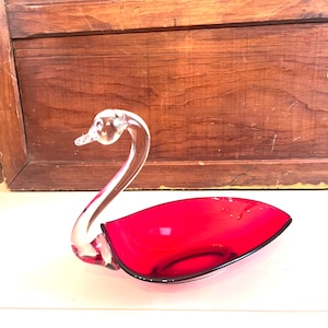 Vintage Ruby Red Glass Swan Decorative Art Glass swan Christmas decor