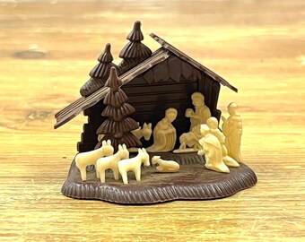 Mid Century Nativity Christmas  Diorama Creche Ornament Jesus Mary & Joseph Birth of Christ Scene Chocolate Colored