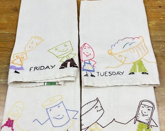 Vintage 50s Day of the Week Tea Towel Hand Towel Kitchen Towel Hand Embroidered Dish Drying Tea Towels Monday Tuesday Wednesday Friday