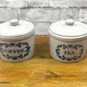 Vintage Pair of Stoneware Kitchen Storage Grey & Blue Coffee and Tea Canisters Country Farmhouse Kitchen Decor