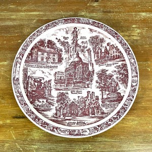 Vintage Massachusetts Historical Landmarks Plate Maroon Red & White Transferware Boston Salem Springfield Concord The Bay State Vernon Kilns