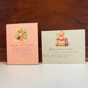Two Vintage congratulations on new baby cards beautiful prints and artwork Cupie looking babies new baby arriving cards