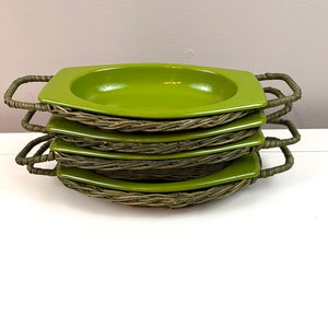 1970s Avocado Green Oval Enamelware Trays in Green Grey Baskets Corn on the Cob trays Appetizer Trays