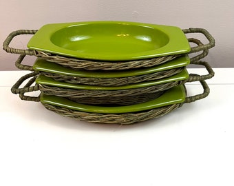 1970s Avocado Green Oval Enamelware Trays in Green Grey Baskets Corn on the Cob trays Appetizer Trays