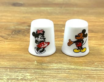 Vintage Mickey And Minnie Collectible Porcelain Thimbles Pair