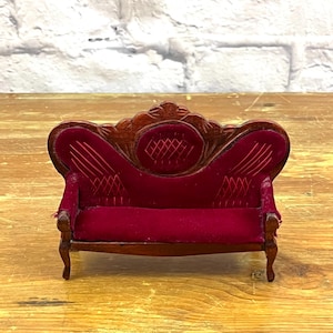 Vintage Red Velvet Victorian Era Dollhouse Sofa 1:12 Scale Quilted Wood Carved Backing Perfect for Dioramas and Self Expression Pieces