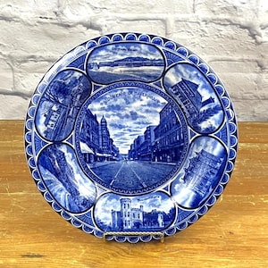 Antique Souvenir of Haverhill Mass Merrimack Street Blue & White Historical Plate Rowland and Marcellus Staffordshire England 1910s ***Crack