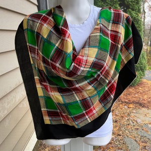 Vintage Checked Plaid Scarf Yellow Green & Red Tartan Scarf