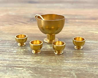 Brass Dollhouse Sized Mini Punch Bowl Ladle and 4 Cups
