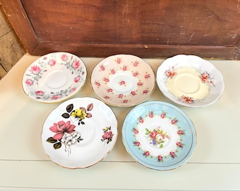 Vintage Mismatched Teacup Saucers sets of 5, 10 or 20 rose themed, fall country pastoral, pink blue floral theme, roses & more theme