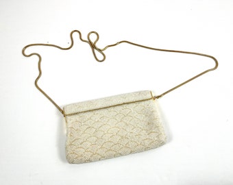 Vintage Handperlen-Clutch, gewellte, schillernde Abendtasche mit Kette, Gold- und Weiß-Abschlussball-Geldbörse, elegante Hochzeits-Geldbörse