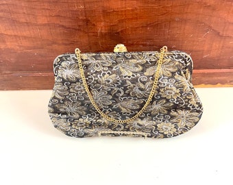 Vintage Black Gold White Brocade Evening Bag Rose Clasp Clutch or purse option