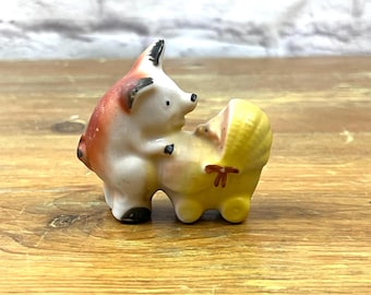 Vintage Porcelain Momma Pig Pushing Baby Pig in Stroller Figurine Japan
