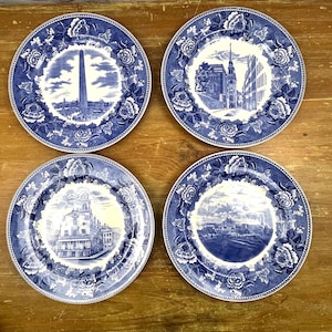 Vintage Historical Boston Scenes Dinner Plates Wedgewood Antique Reproduction Transferware Old State House Boston Common Bunker Hill Set 4