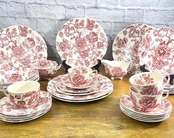 Vintage English Chippendale Pattern Red Rose Pink Transferware Dinner ware Garden Party Ladies Luncheon **sold in Sets or Individually