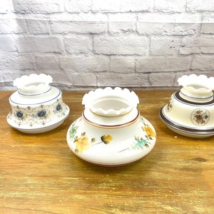 Vintage Glass Hurricane Lamp Shade Blue Yellow Flowers or Hand painted yellow Flowers or Brown Flowers Ruffle Edge Top Replacement  Shade