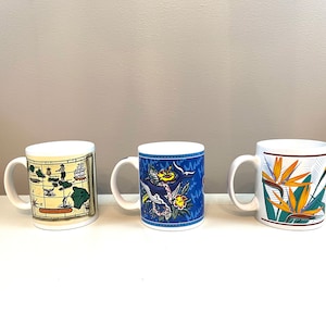 Vintage Hilo Hattie Hawaiian Blue Whale coffee mug 90s Hawaiian Island Map Tiki ware Island beach decor Bird of Paradise Island Treasures
