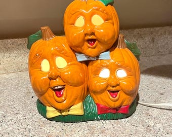 Vintage Ceramic Mold  Light Up Pumpkin Trio Jolly Fall Harvest Halloween Decor