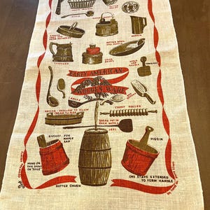 Vintage "Early American Wooden Ware" Linen Tea Towel New England Historical Decor Kitchen Log Cabin Traditional Colonial Towel