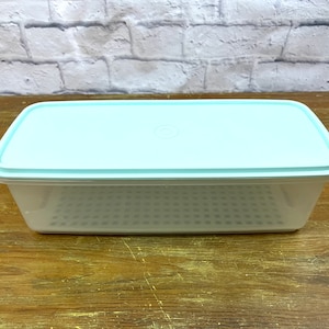 Vintage Blue Tupperware Seler Keep Trzyczęściowy pojemnik na warzywa do lodówki Duży Długi pojemnik do przechowywania