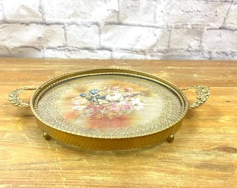 Victorian Style Gold Glass Vanity Tray Antique Embroidered Lace Sandwiched Between two pieces of glass