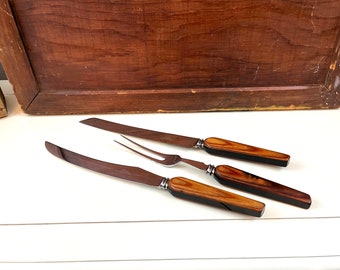 Vintage Sheffield England "Blade" juego de tallado Juego de acero inoxidable con aspecto de madera y lucita marrón y negro