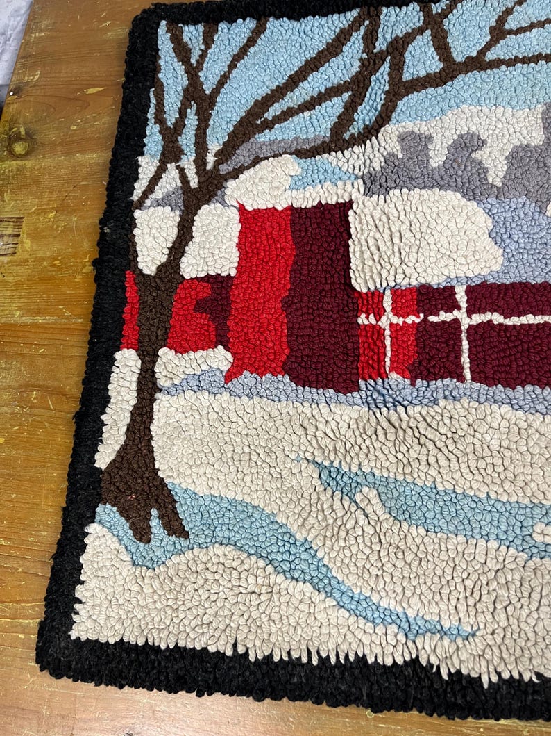 Cold Town Rug Vintage Red Snow Covered New England Farmhouse Hooked Rug 22 X 36 ...
