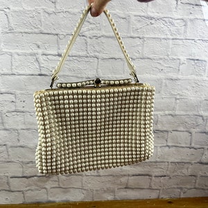 Vintage White Bead Ball Purse HTF 1960s White pearl ball woven beads silver wavy clasp