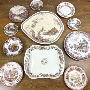 Antique Brown Colored Transferware Johnson Bros Limoge Turkey Lighthouse Castle Design English Countryside Decorative Wall Plate Sold Singly