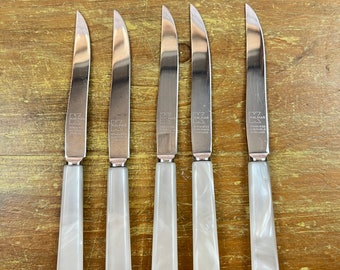 Vintage KalMar Sheffield Stainless white mother of pearl style handle small appetizer knives charcuterie party 6in knives cheese tray knives