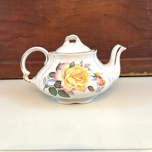 Vintage Pink & Yellow Roses Teapot Ellgreave Ironstone Single serving Teapot gold trim wood and sons England