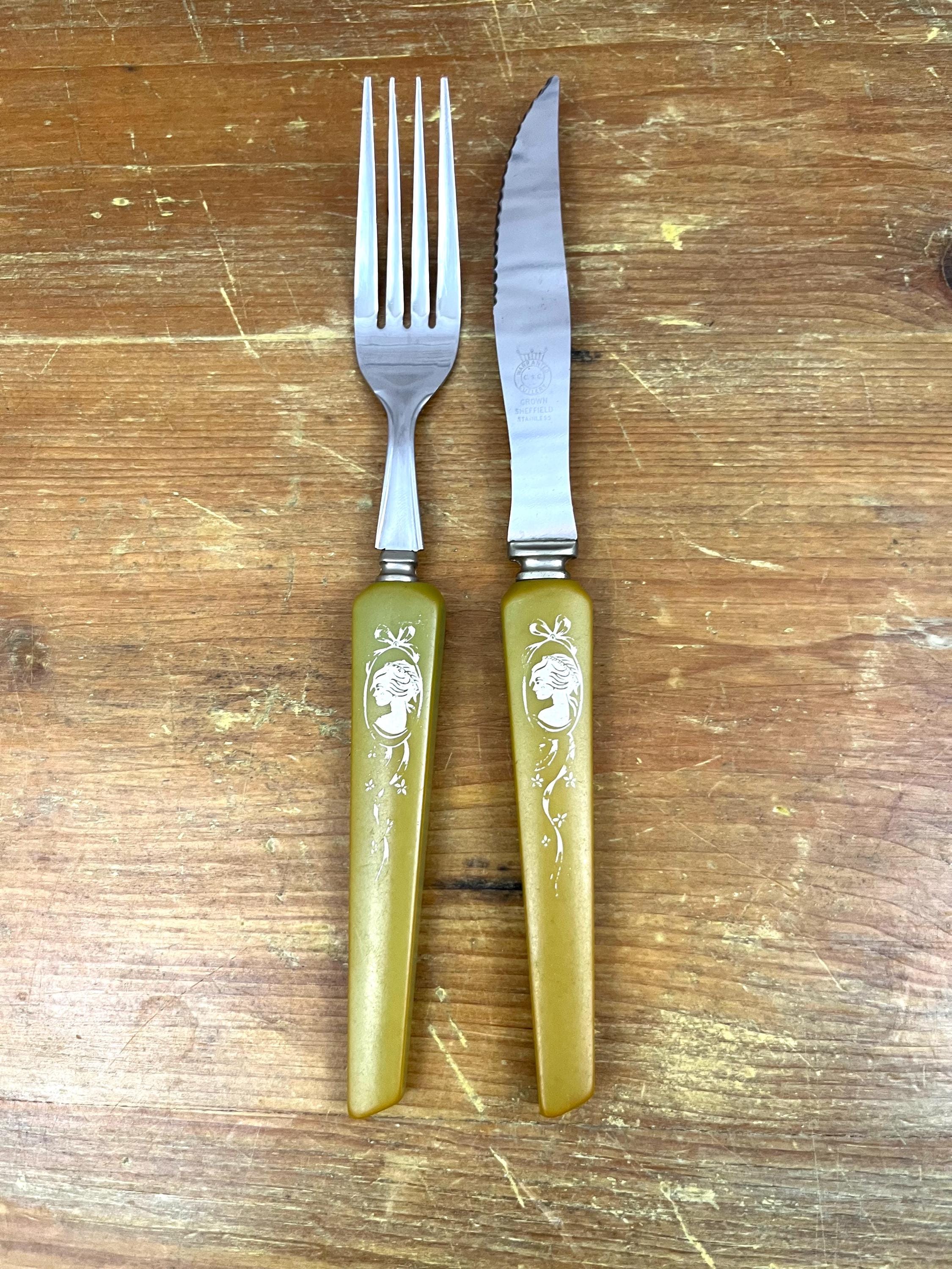 Vintage Crown Sheffield Cameo Flatware Chartreuse Green Stainless