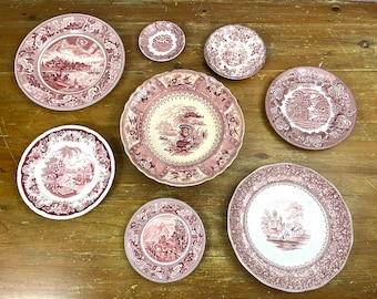 Vintage Pink Transferware Plates Tonquin English Scenery Historic Designs Red & White Decorative Plate Wall Decor Sold Individually