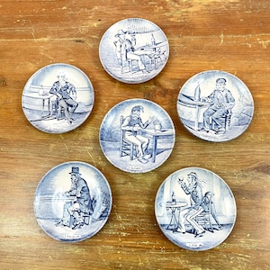 Vintage Boch Delft Drinking Themed Coasters or Decorative Wall Plates Blue and White Transferware Plates Sold Individually