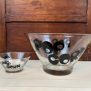 Vintage Popcorn Serving Bowl plus one  individual bowl 1970s Wheaton Glass Popcorn Bowl Movie Night