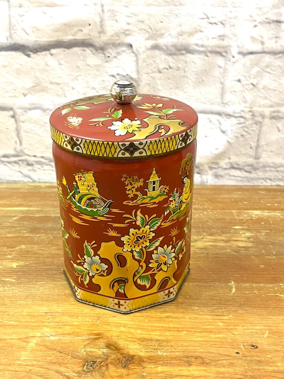 Vintage Asian Decor Tin Octagon Shaped Burgundy & Gold Murray