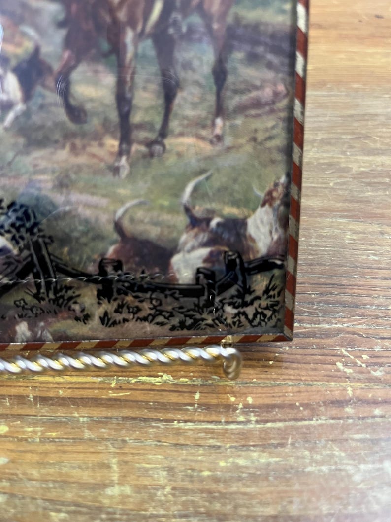 Antique Bubble Glass Horse Rider Hounds Hunting Scene Picture Can Be